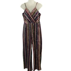 Hiatus Crushed Velvet Striped Jumpsuit Women L Burgundy Boho Hippie Wide Leg 90s